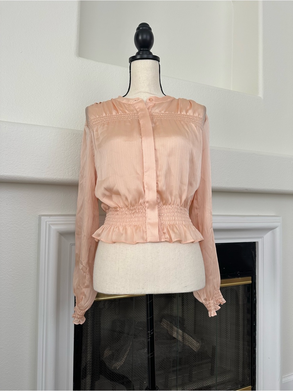 BCBGeneration Peach Long-Sleeve Ruffle-Hem Blouse Size S